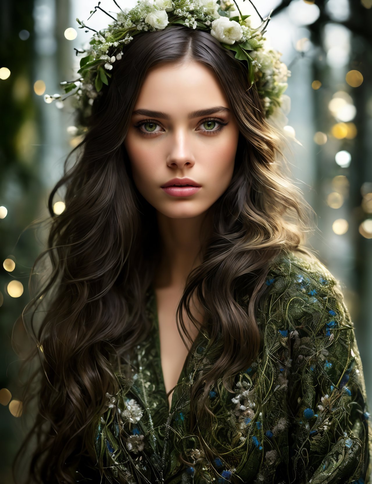 05041-3542242932-a fashionable portrait of a very beautiful brunette girl, a cold look, green cat eyes, eyeliner, a complex exquisite crown woven.jpg